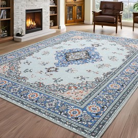 Tepook Large 6x9 Area Rugs for Living Room, Indoor Machine Washable Rugs Floor Carpet for Bedroom, Low Pile Non Slip Vintage Rugs for Dining Room Kitchen Office Table Home Decor, Blue/Grey