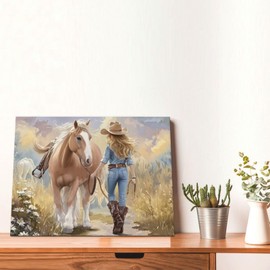 Zyphren Cowgirl Horse Wall Art Western Horse Picture Rustic Country Wall Decor Farmhouse Canvas Prints Painting Artwork Gifts for Girls Bathroom Living Room Bedroom Home Decoration 12"x16"