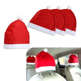 Ajxn 4 PCS Car Seat Headrest Cover, 13.5" x 13" Creative Santa Hat Shaped Headrest Protective Cover, Christmas Decorative Supplies Scene Setting Props, Universal for Most Cars (Red & White)