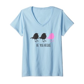 Women's Tween Girl Gift Be You-Nique and Show Your Style Pink Bird V-Neck T-Shirt, blue