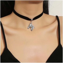 Yienate Punk Black Velvet Choker Necklace Vintage Silver Horse Head Pendant Necklace Black Suede Rope Chain Choker Gothic Statement Kentucky Derby Necklace Charm Jewellery for Women