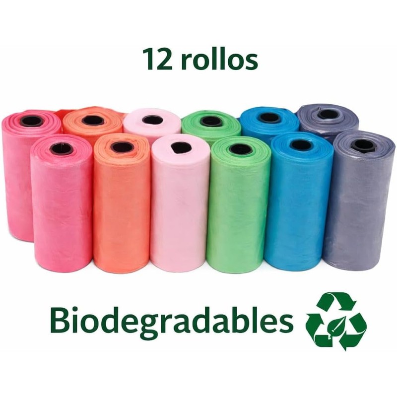 Bolsas para Perro con 12 Rollos Biodegradables con dispensador, Porta