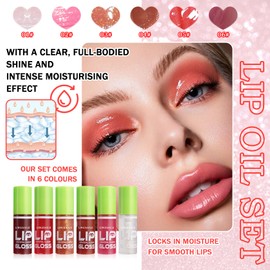 6 Colors Lip Oil Set,Big Brush Head Lip Glow Oil,Moisturizing Shiny Lip Plumping Lip Gloss Oil,Non-sticky Long Lasting Hydrating Tinted Lip Oil for Women