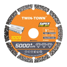 TWIN-TOWN 5" Diamond Cutting Wheel with 7/8" Arbor, Metal Cut Off Wheel, Carbide Cutting Wheel for Angle Grinder, 5000+ Cuts on Rebar, Steel, Iron, and INOX
