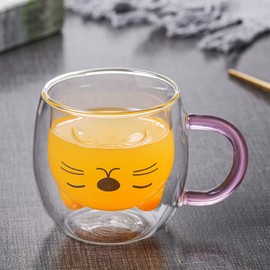 Arawat Katzen Tasse Glas Doppelwandige Gläser Katze mit Pink Henkel Kaffeetasse mit Löffel & Untersetzer Kaffeebecher Tassen Trinkgläser Katze Gläser Teetasse Geburtstag Geschenk für Frauen Freundin