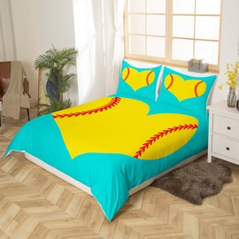 Softball Bedding Set for Softball Lover Heart Love Ball Sports Theme Comforter Cover Set Girls Women Bright Teal Yellow Room Decorative Duvet Cover Girly Bedspread Cover Twin Size 2Pcs Bedclothes