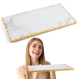 Newtay Marble Tray with Golden Foiling Natural Marble Board White Marble Slab Candle Plate Marble Tray for Kitchen Counter Cheese Charcuterie Wedding Gift House Warming Gift(9" X 6")