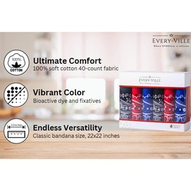 6-Pack Large Cotton Bandana - Paisley, 22x22 In, Red Black Blue - Cowboy Head Bandanna Scarf Handkerchief Mouchoir - Gifts for Men Women and All