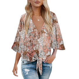 Floral Tops for Women V Neck Ruffle Sleeve Tie Summer Shirts Loose Fitting Tops Blouse