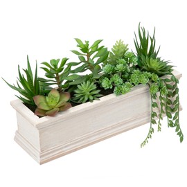 GnFlus Artificial Succulents Fake Plants in White Rectangular Wooden Pots Artificial Potted Succulents Faux Plants Arrangement for Table Centerpiece Farmhouse Shelf Mantel Tropical Greenery Decor