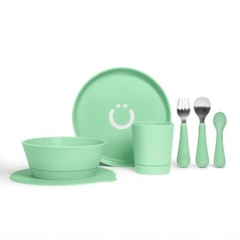 Ubbi 7-Piece Toddler Feeding Set, Includes Plate, Bowl, Cup, Utensils, Suction Cup, Sugar Snap Green