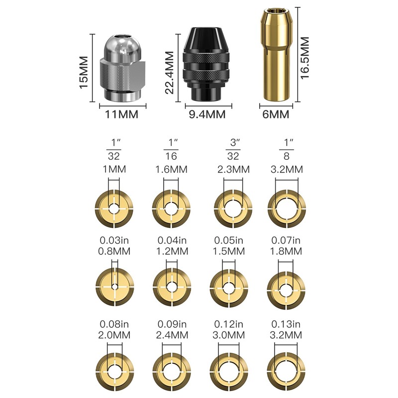 Multi Chuck Set Compatible with Dremel, Mellbree 0.8-3.2mm Drill Keyless