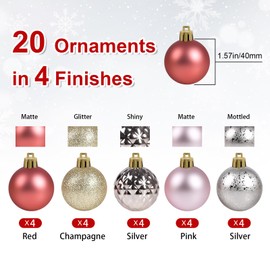 Beinhome 20pcs 4cm Christmas Baubles ornament set Christmas Tree Decorations, Pink and Gold Christmas Tree Baubles Shatterproof Plastic Hanging Ball Bulk for Xmas Home Holiday Party Festival Decor