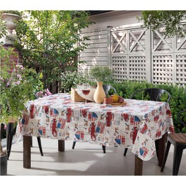 Newbridge Patriotic Truck Red, White and Blue Vinyl Flannel Backed Tablecloth, American Celebration Flags and Fireworks Theme Waterproof Patio Tablecloth, 60 Inch x 84 Inch Oblong/Rectangle