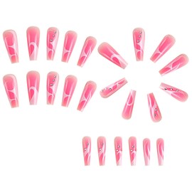 French Tip Press on Nails Extra Long Artificial Acrylic Nails with Rhinestones Design Pink White Ripple Square False Nails Full Cover Reusable Coffin Fake Nails Glue on Nails for Women 24Pcs