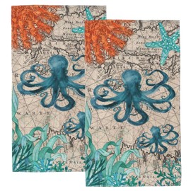 Ikfoela Nautical Octopus Hand Towels for Bathroom Set of 2, 14x28 Inch Kitchen Towels Decor, Absorbent Soft