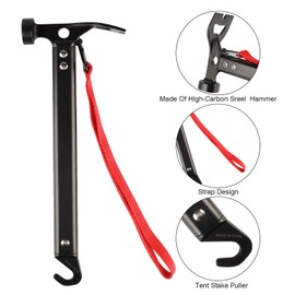 Tent Stakes Heavy Duty & Hammer Set,with 12in Tent Stake Remover +10 in Steel Tent Pegs+Storage Bag +Fluorescent Rubber Circle for Camping Used on Rocks, Grassland,Canopies (10"- 4pack & 12" Hammer)