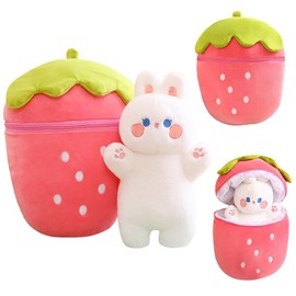 HIULLEN Easter Bunny Plush Toy, 30 cm Rabbit Hide, Strawberry Cuddly Toy Rabbit, Rabbit Stuffed Toy with Zip, Christmas Plush Toy, Rabbit Cuddly Toy as a Gift for Boys, Girls