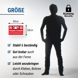 Komma Security Parkplatz vermitet Sign 30 x 20 cm Parking Prohibited Sign Parking Prohibited Sign Private Parking Space Reserved - Free Parking Sign Rented - Falschparker