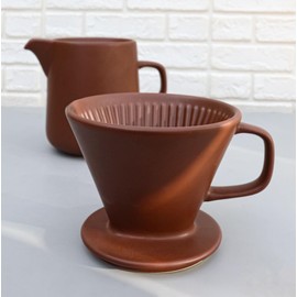 Ebros Gift Colorful Matte Finish Porcelain Portable Personal Artisan Hand Crafted Barista Style Coffee Maker Carafe Pot Flask With Pour Over Dripper Filter Cup Set (Brown)