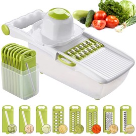 ADOV Mandoline Slicer, All in 1 Fruit and Vegetable Slicer, Multi Function Veg Cutter, Interchangeable Stainless Steel with Food Container, Hand Protector, Julienne Slice for Potato Tomato Onion