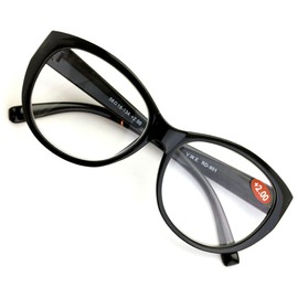 V.W.E. Oversize Women Reading glasses - Magnified Readers Cateye Vintage Jackie Oval - Clear lens (Black, 1.75)