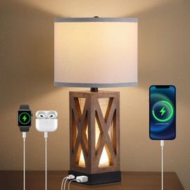 YJSQOEOE Wood Table Lamp, Vintage Nightstand Lamp with USB Charging Ports A/C, Farmhouse Bedside Lamps for Living Room