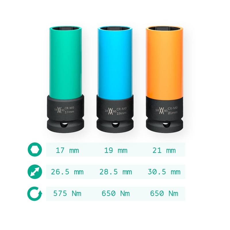 Impact sockets 3 pcs for Aluminium Wheels 17mm 19mm 21mm