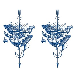 2 Sheets Temporary Whale Tattoo World Tattoo Compass Tattoo Arrow Tattoo Semi-Permanent Tattoo GZ399x2