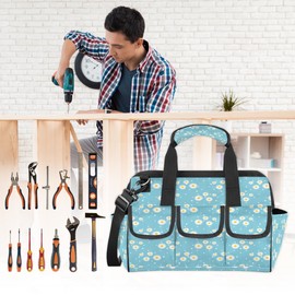 Sky Blue Dots Wide Mouth Tool Bags for Men and Women Daisy 14.8-Inch Tool Tote Bag Pouch Heavy Duty Waterproof Tool Organizer Bag with Adjustable Strape