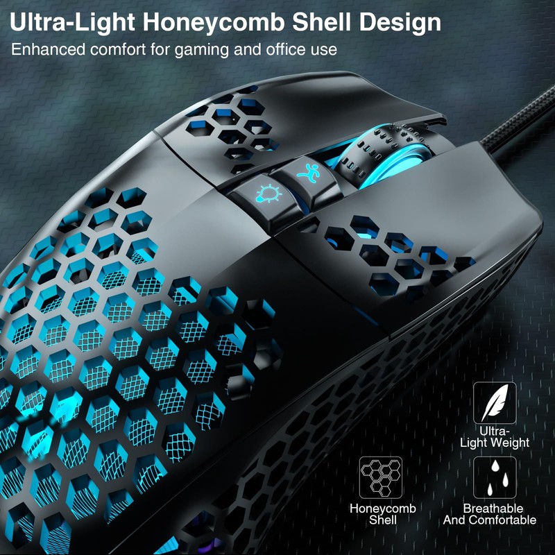 SOLAKAKA RGB Wired Gaming Mouse with Honeycomb Shell,Adjustable 12800 DPI,7