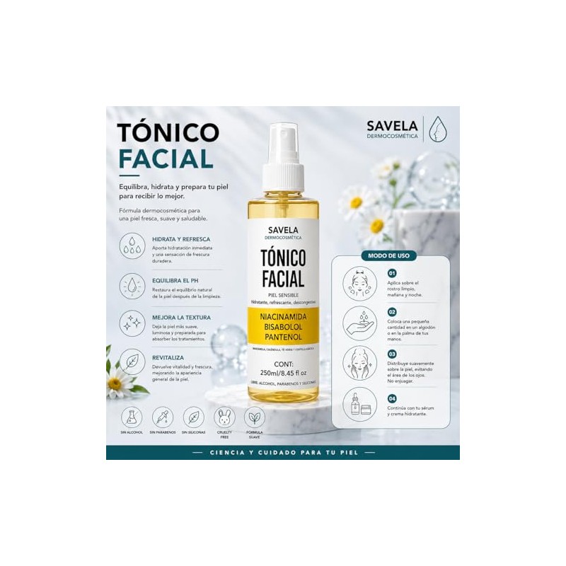 Tónico Facial Sensible, Niacinamida, Bisabolol y Pantenol 250ml, Hidratante.
