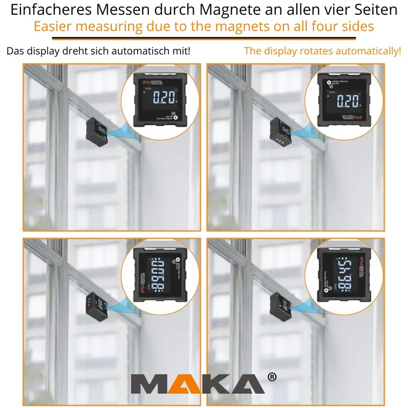 MAKA Digital Inclinometer, Accuracy from 0.1° to 0.2°, Magnets on