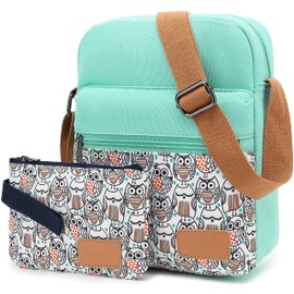 Leaper Girls Crossbody Purses 2 PCS Cute Owl Messenger Bag Canvas Crossbody Bag and Purse Set for Women Water Blue
