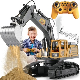 KASQERT 1:14 Remote Control Excavator Toys for Boys,14 Channel RC Digger Construction Toys Tractor,Simulated Smoke, Sound, Lighting, Metal Digging Head, for Boys 6 7 8 9 10 11 12
