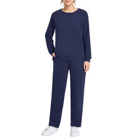Weintee Women's Petite Sweatsuits Button Down Sweatshirt and Sweatpants Sets Cotton Jogging Suits M Navy