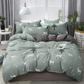 Omelas Kids Sage Green Duvet Cover Set Twin Size Christmas Cartoon Animal Elk Deer Tree Printed Bedding with Black Rectangle Plaid Soft Microfiber Comforter Cover for Girls Boys 3 Pieces (SLXL,T)
