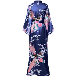 BABEYOND Kimono Dressing Gown Peacock Kimono Robe For Women Wedding Girl's Bonding Party Pyjamas 135cm Long (Dark Blue)(Size: free size)