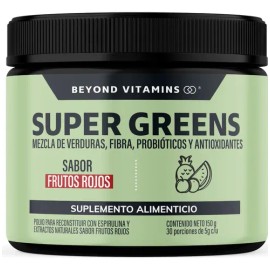 Super Greens, Jugo Verde, Matcha, Espirulina, Té Verde, Espinaca, Clorofila, Moringa, Melena de León, Enzimas Digestivas (Digestive Enzymes Fibra), Probióticos | Super Blend Sabor Frutos Rojos | Bloom