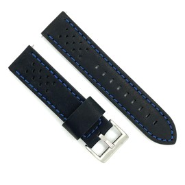 Rally or racing style leather watch strap. Perforated surface with holes. Color stitching watchband 20mm 22mm 24mm Ref 398 Black and Blue 24mm