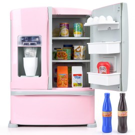 Refrigerator Toy Fridge with Ice Dispenser, Kids Pretend Play Kitchen Accessories with Toy Food Drink Bottles Milk Cans, Play Kitchen Appliances Set for Girls Age 3+, Pink