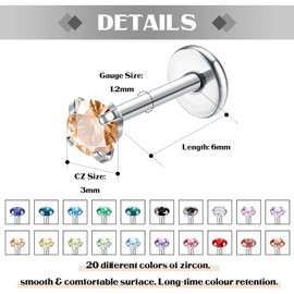 CASSIECA 20Pcs 16G Hypoallergenic Stainless Steel Lip Studs Labret Piercing with 3mm Colorful CZ Cartilage Tragus Helix Monroe Piercing Stud Jewelry 6mm