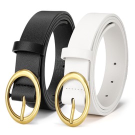 VONMELLI 2 Pack Women Faux Leather Belts for Jeans Dresses Fashion Ladies Waist Belt Gold Buckle Black+White S