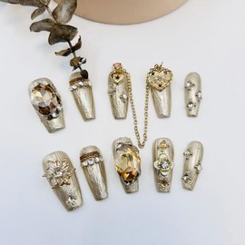 Generic Long false nails，Luxury & Custom Fake Nails, Hand-Painted Nails Design by Professional Nail Artist Salon Acrylic Nail Kit With Gift Box 10 PCS. (3-金色宝石-M, 均码)