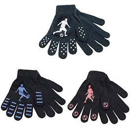 Childrens Boys Kids Thermal Magic Football Design Gloves Extra Warmth Gripper Gloves Winter with Palm and Finger in Three Trendy Colours Combinations - One Size (Assorted 3 Pairs)