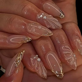 24Pcs Pink Press on Nails Medium Almond Fake Nails Gold French Tip Glue on Nails with 3D Stereoscopic Pearl Rhinestones Design Glossy Acrylic Nails Kit Reusable False Nails for Women Manicure Salon