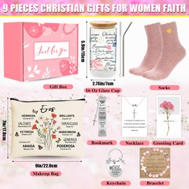 Christian Gifts for Women, Catholic Faith Spiritual Gift with 16 Oz Glass Cup Makeup Bag Socks Bracelet Necklace Bookmark Keychain, Inspirational Gift for Wife, Mom, Sister, Female (Christian Spanish)