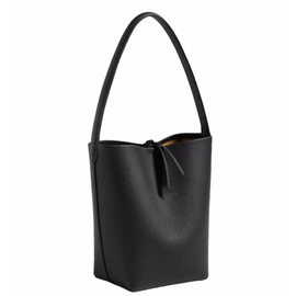 Handcrafted Leather Bucket Bag, Tote Bag Hand Bag for Women, First Layer Pebble-grained Carfskin, The Straight Row of Stinches with Brown Cotton Insert pocket(black, Medium)