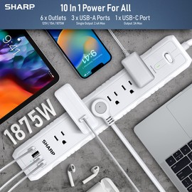Sharp Power Strip with 6 Surge Protected Outlets and 4 Fast Charge USB Outlets (3 USB-A and 1 USB Type-C), Flat Wall-Hugger Plug and 5 ft. Cord, White