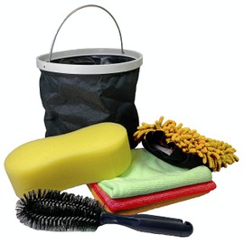 Sakura Car Wash Valeting Kit SS5475 - Space-Saving Collapsible Bucket, Wheel Brush, Sponge, Wash Mitt, 3 Microfibre Cloths